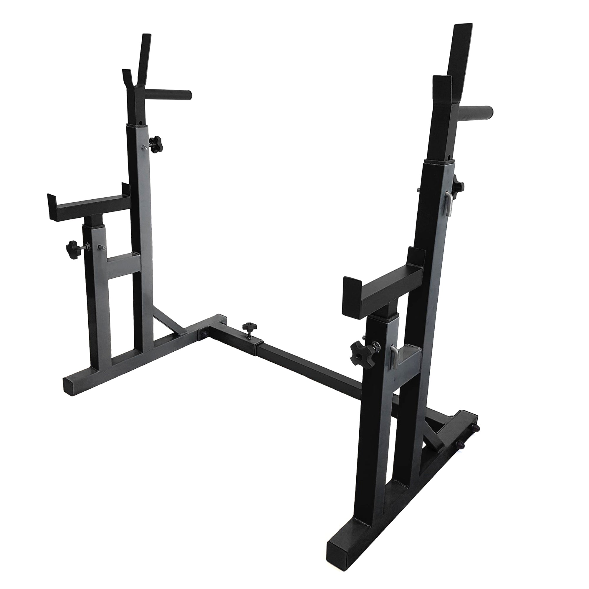 Heavy-Duty Adjustable Power Rack with Dip Handles & Spotter Arms – Full-Body Strength Trainer for Compact Home Gym & Bench Press Workouts