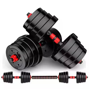 Pair of adjustable dumbbells with red accents on a white background