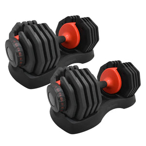 Pair of adjustable dumbbells with red accents on a white background