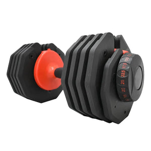 Pair of adjustable dumbbells with red adjustment knobs on a white background