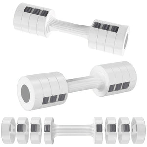 Pair of adjustable dumbbells with weight attachments on a white background