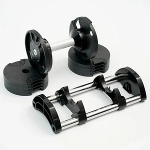 Pair of adjustable dumbbells on a white background