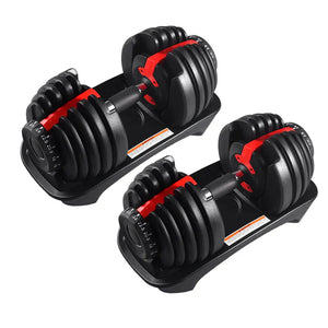 Pair of adjustable dumbbells on a white background