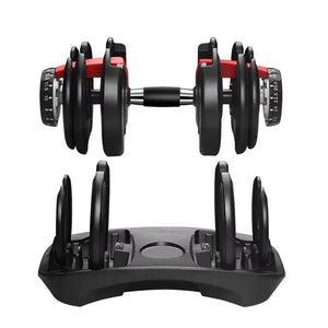 Pair of adjustable dumbbells with a black stand on a white background