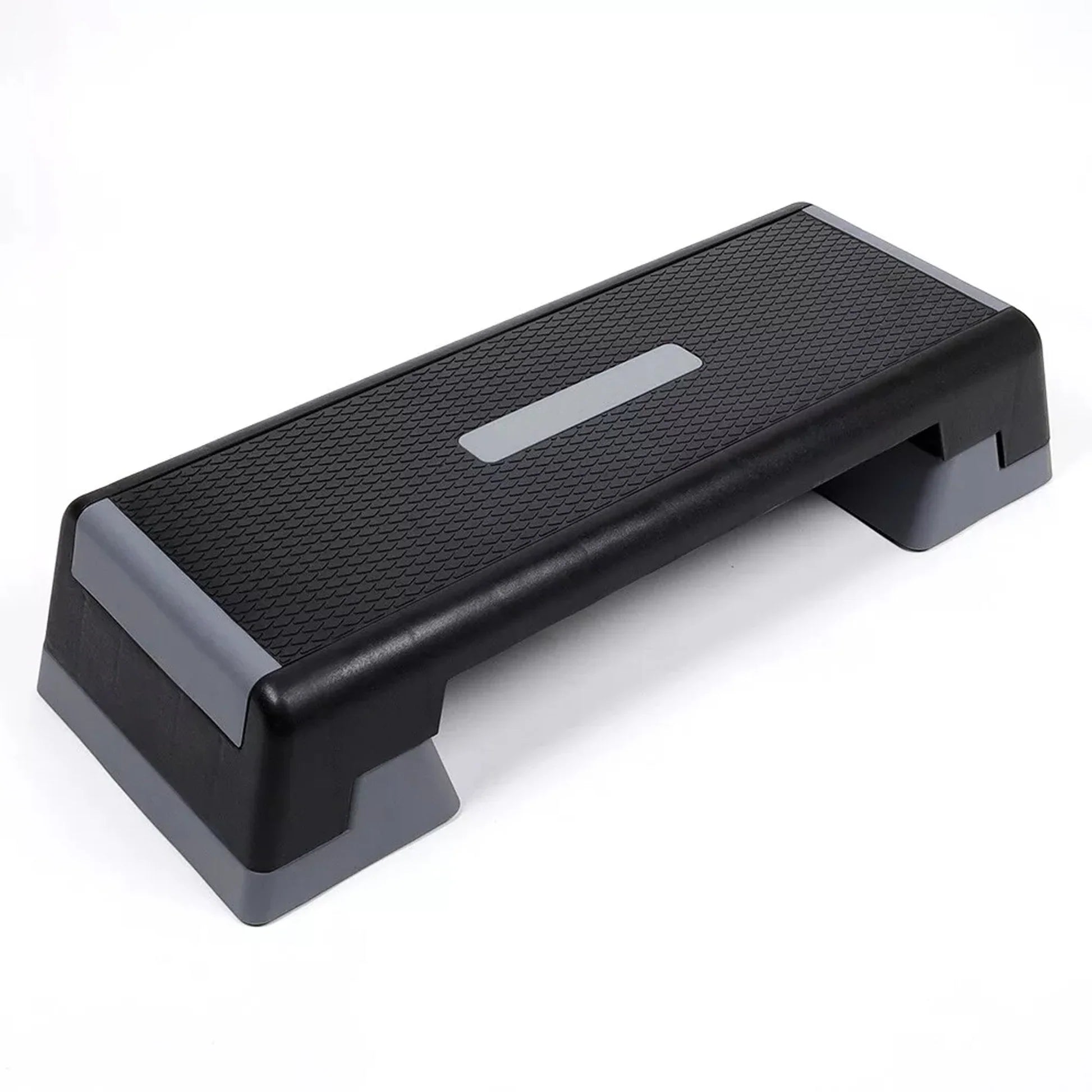 Black step platform with a brand label on a white background
