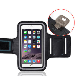 Black phone armband with key holder feature on a white background