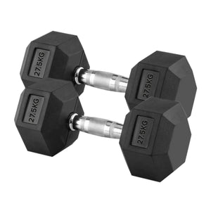Pair of 27.5kg hexagonal dumbbells on a white background