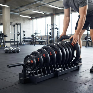 Person handling a weight plate on a rack in a gym setting