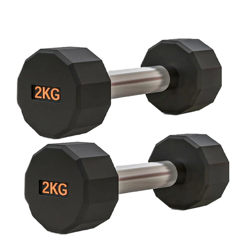 Pair of black hexagonal dumbbells with '2KG' marking on a white background
