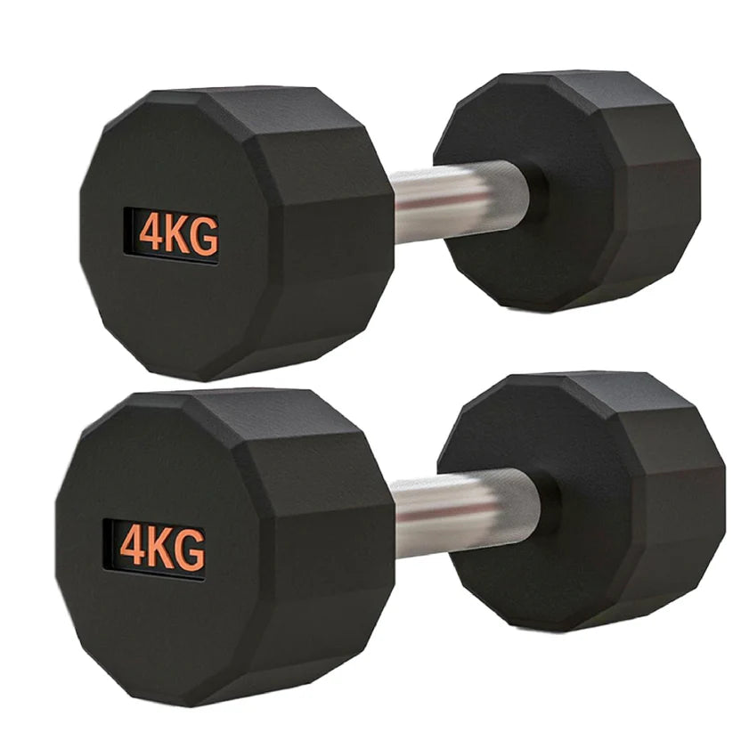 Pair of black hexagonal dumbbells with '4KG' marking on a white background