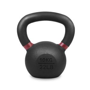 Black kettlebell with red accents and weight markings on a white background