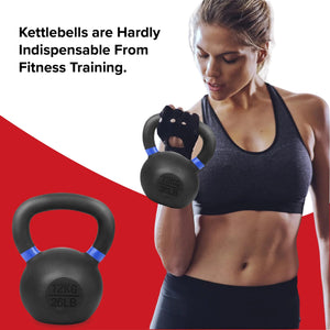 Woman holding kettlebells with text about their importance in fitness training on a red and white background.