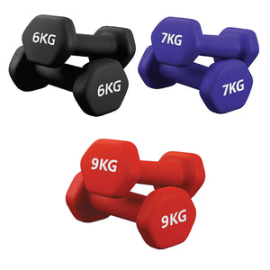 Set of three dumbbells with weights 6KG, 7KG, and 9KG on a white background.