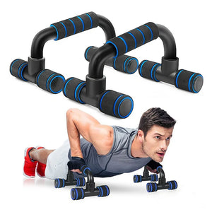 Black and blue exercise push-up bars with a man using them on a white background