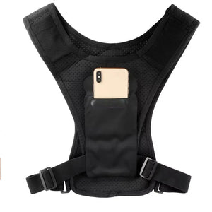 Black tactical vest with a phone pocket on a white background