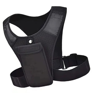 Black tactical vest with a pocket on a white background