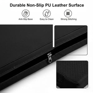 Black leather surface with anti-slip base, easy cleaning, and strong stitching features.
