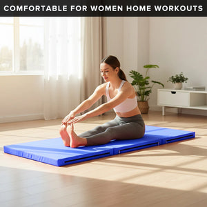 Woman stretching on a blue exercise mat in a home setting with text 'Comfortable for Women Home Workouts'.