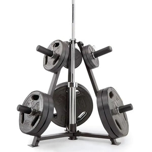 Weight plate stack with a stand on a white background