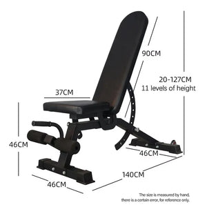 Black adjustable weight bench with dimensions labeled on a white background