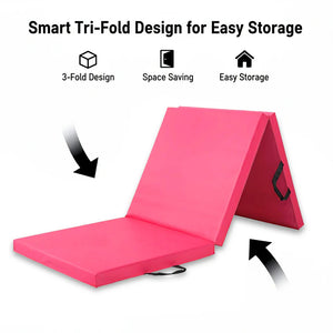 Pink folding mat with text highlighting its smart tri-fold design for easy storage on a white background.