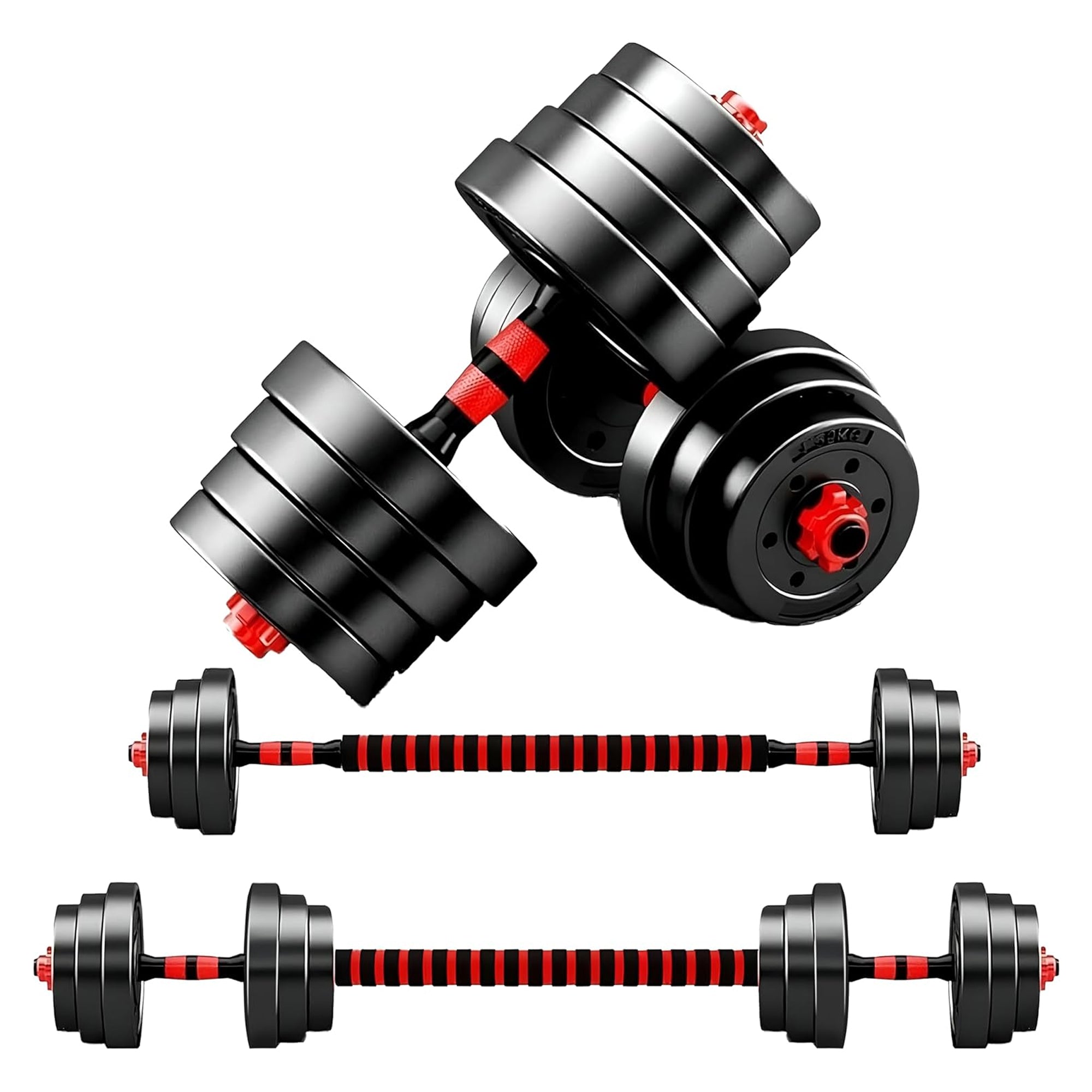 Adjustable Dumbbell & Barbell Set 20–30 kg – Vinyl Coated Weights with Anti-Slip Handles, Compact 2-in-1 Strength Kit for Home Training & Space Saving