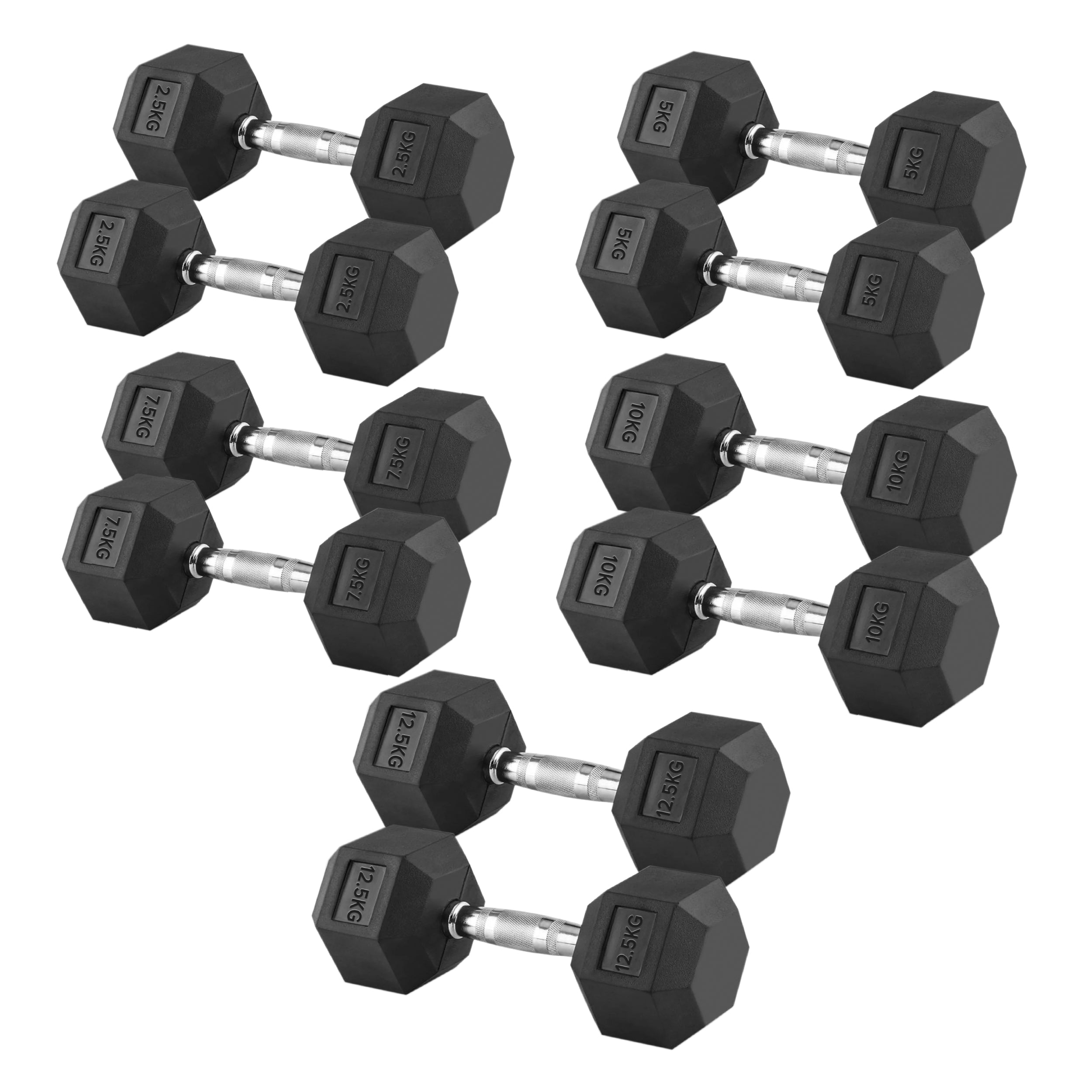 Strength Training Hex Dumbbell Set 2.5kg–25kg, 5 Pairs with Optional Tier 5 Rack – Rubber-Coated Cast Iron Weights & Vertical Storage for Home & Studio Gyms