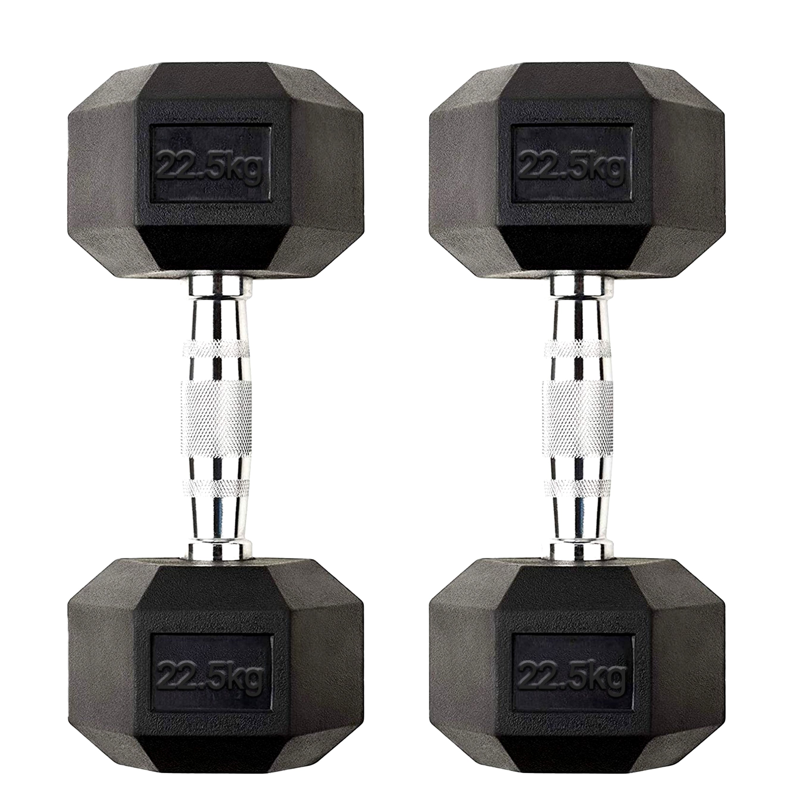 2 x 22.5kg Hex Dumbbells – Rubber Coated Cast Iron Free Weights with Anti Roll Hex Heads & Chrome Handles – Heavy Pair for Strength Training in Home Gyms