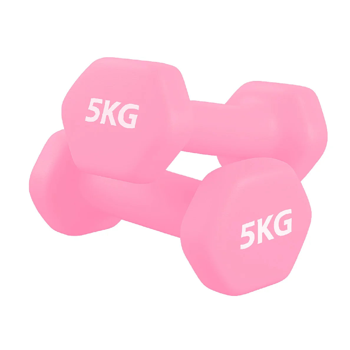 Pair of pink 5KG dumbbells on a white background