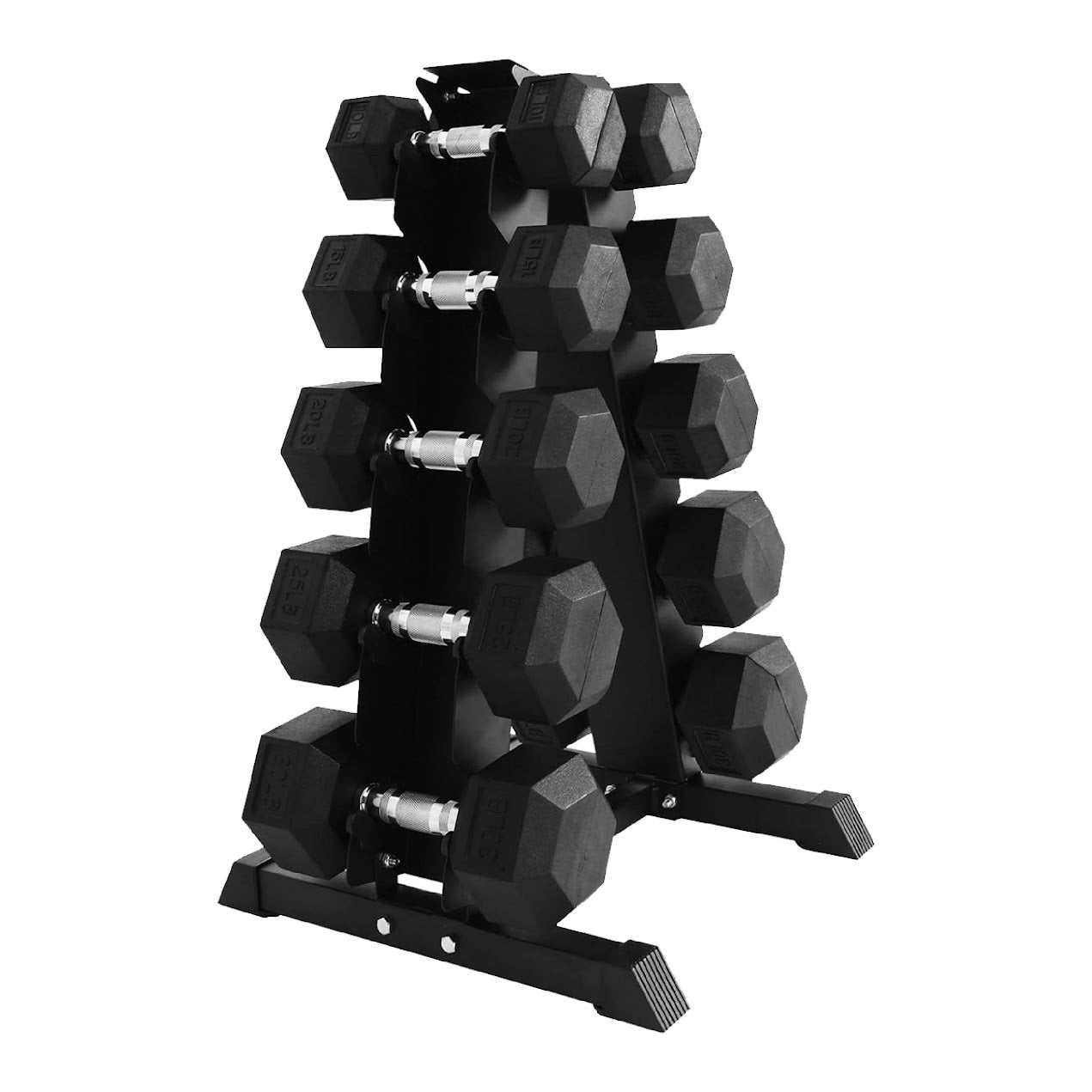 Strength Training Hex Dumbbell Set 2.5kg–25kg, 5 Pairs with Optional Tier 5 Rack – Rubber-Coated Cast Iron Weights & Vertical Storage for Home & Studio Gyms