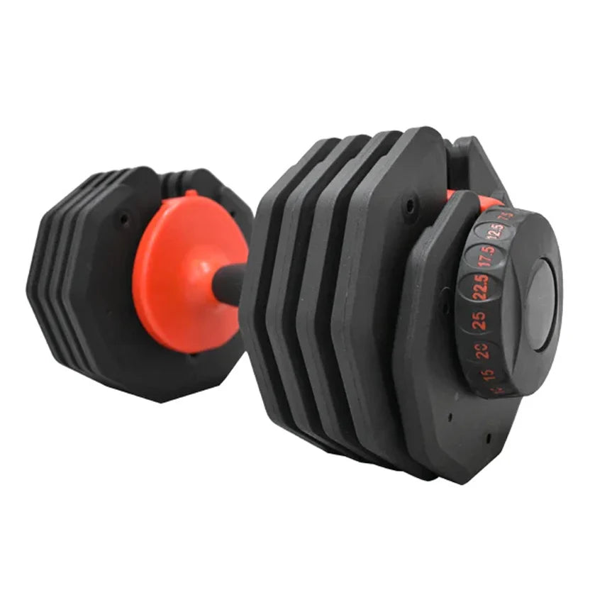Pair of adjustable dumbbells with red adjustment knobs on a white background