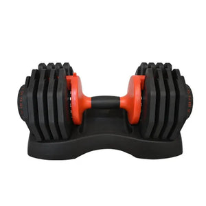 Black and orange adjustable dumbbell on a white background