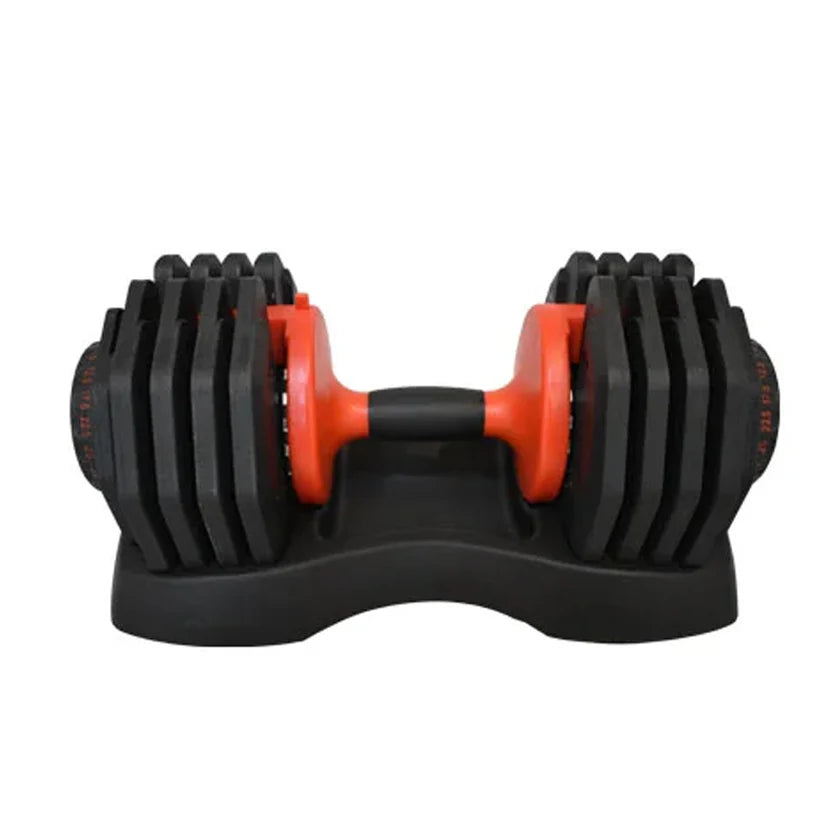 Black and orange adjustable dumbbell on a white background