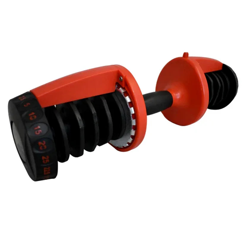 Red and black adjustable dumbbell on a white background
