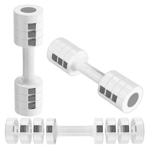 Set of adjustable dumbbells on a white background
