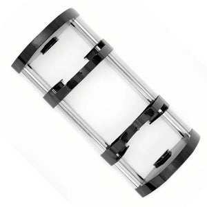 Clear cylindrical container with black accents on a white background