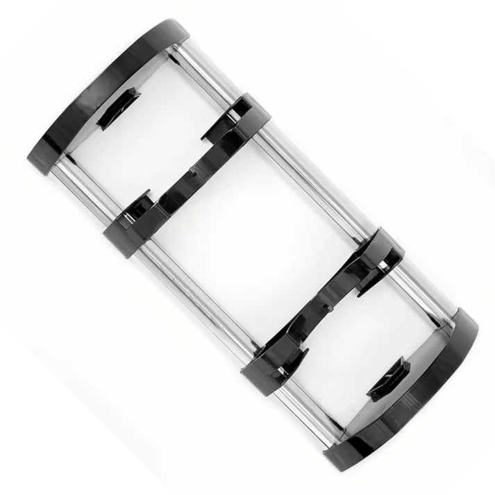 Clear cylindrical container with black accents on a white background