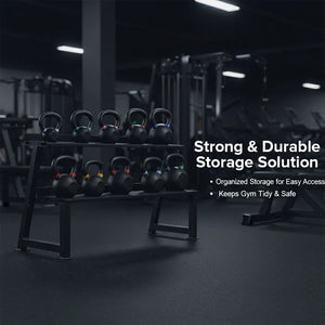 Kettlebell storage rack in a gym with text highlighting features