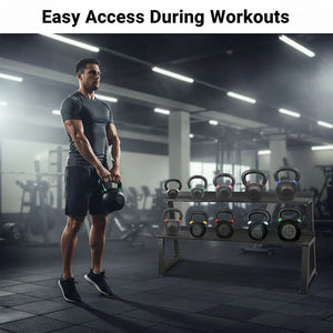 Man holding a kettlebell with a rack of kettlebells in a gym setting