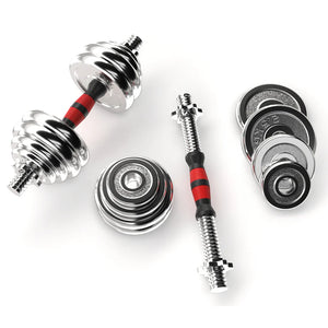 Dumbbell set with weight plates on a white background