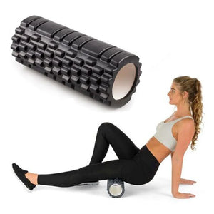 Foam roller with a woman using it for self-massage on a white background