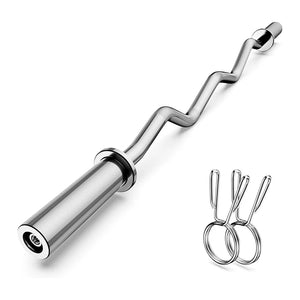 Silver curved barbell with two rings on a white background