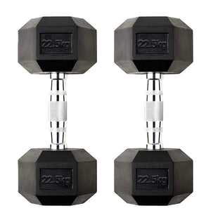 Pair of 22.5kg hexagonal dumbbells on a white background
