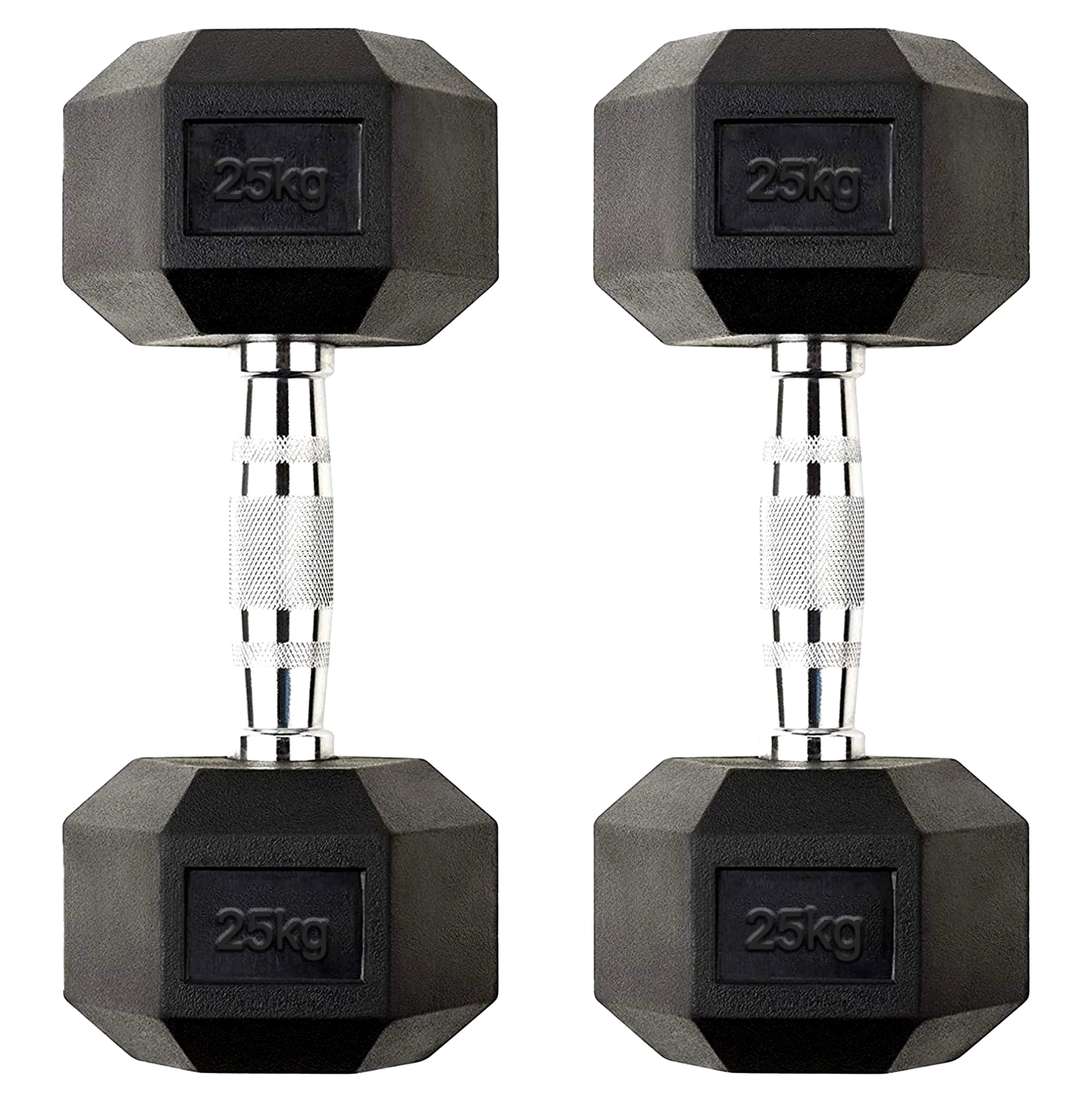 Pair of 25kg hexagonal dumbbells on a white background