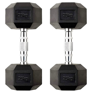 Pair of 25kg hexagonal dumbbells on a white background