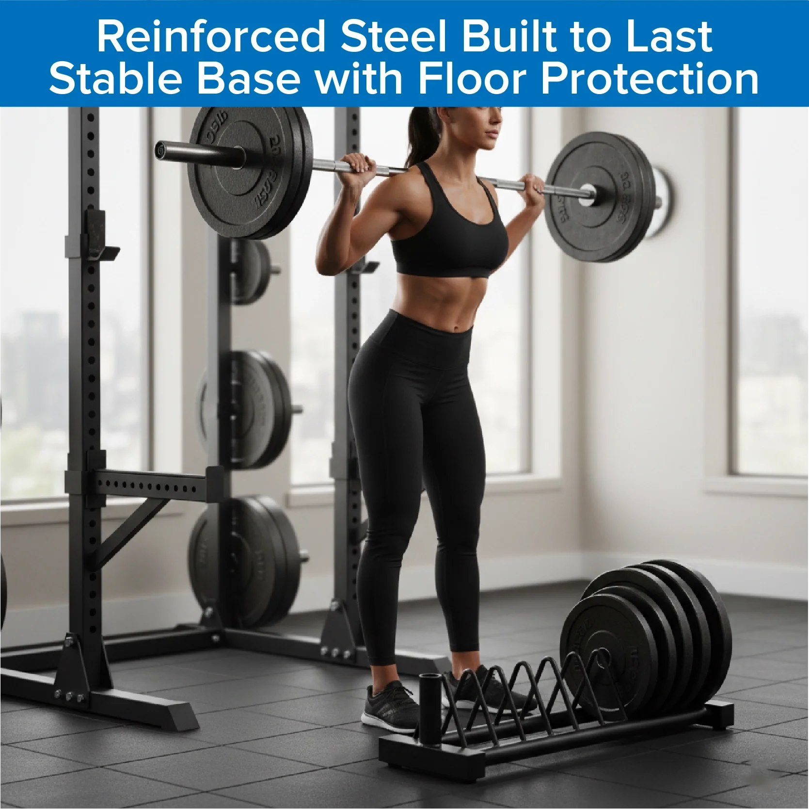 Woman lifting weights in a gym with text about reinforced steel and stable base.