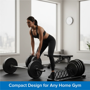 Woman lifting weights in a home gym with text 'Compact Design for Any Home Gym'.