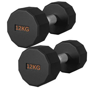 Pair of black hexagonal dumbbells with '12KG' marking on a white background