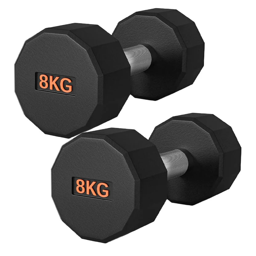 Pair of black 8KG dumbbells on a white background