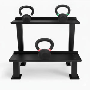 Black weight rack with three kettlebells on a white background